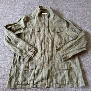 Artisan NY 100% Linen Green Utility Jacket Zip Pocket Military Women XL Shacket